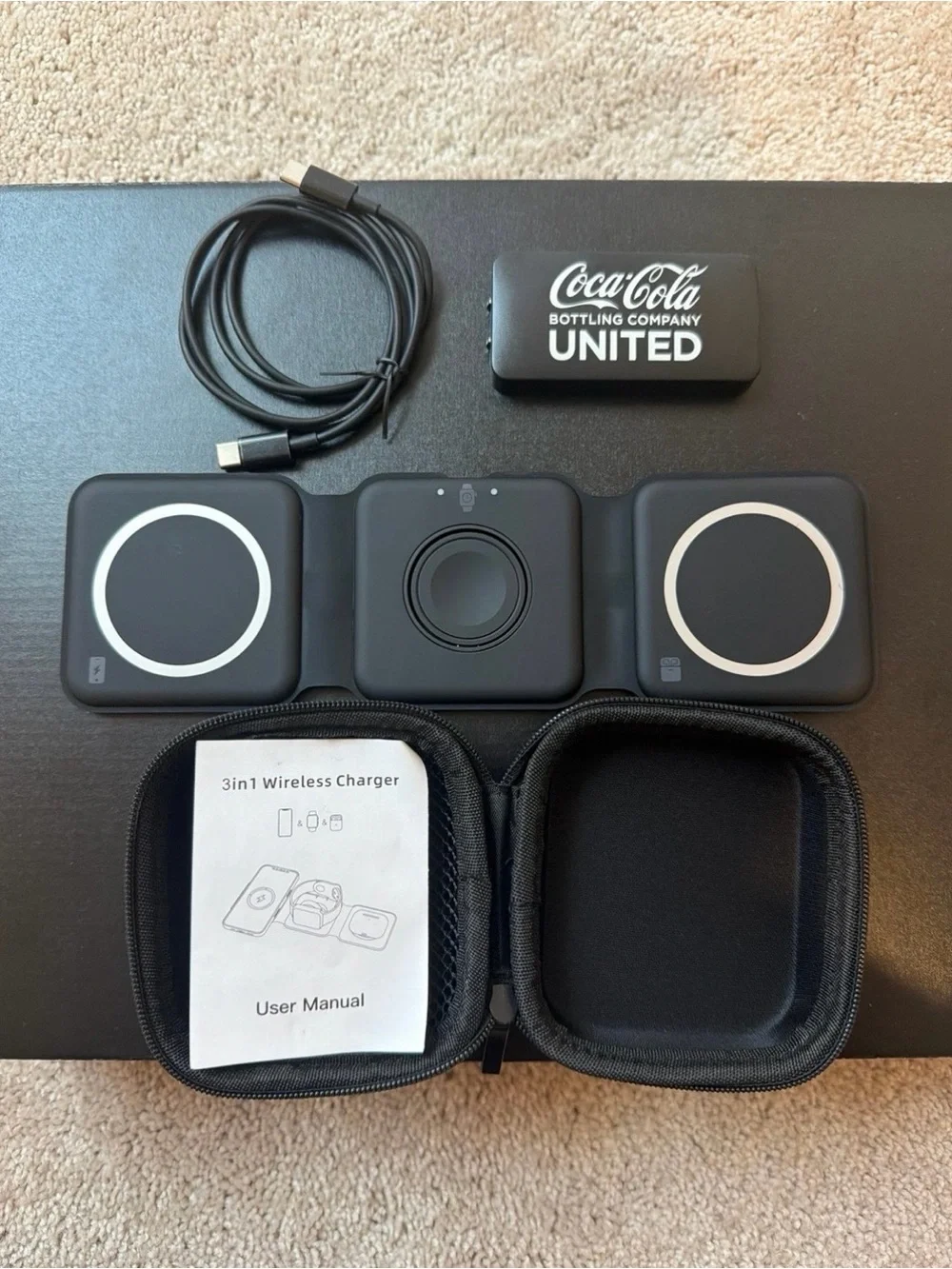 Coca-Cola Black 3-in-1 Foldable Wireless Charger Pad with White Logo Power Bank